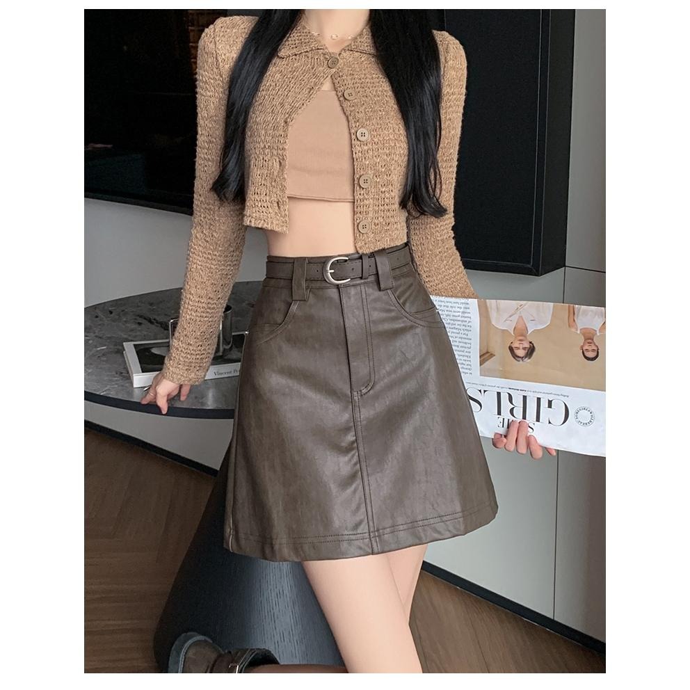 【RENA小舖 台灣現貨每天出】韓系復古水洗漂亮皮裙 /A字裙/高腰/顯瘦/修身/短裙/遮胯/包臀裙【R22060】-細節圖8