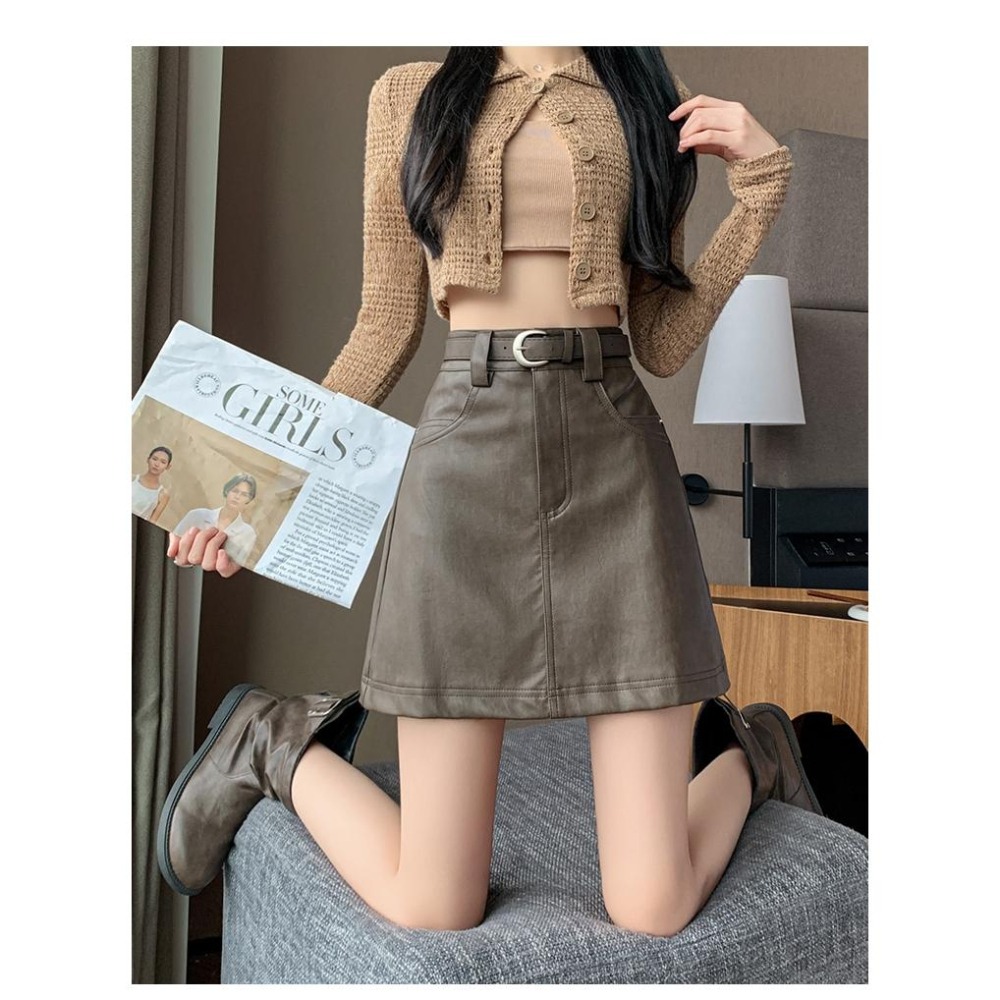 【RENA小舖 台灣現貨每天出】韓系復古水洗漂亮皮裙 /A字裙/高腰/顯瘦/修身/短裙/遮胯/包臀裙【R22060】-細節圖9