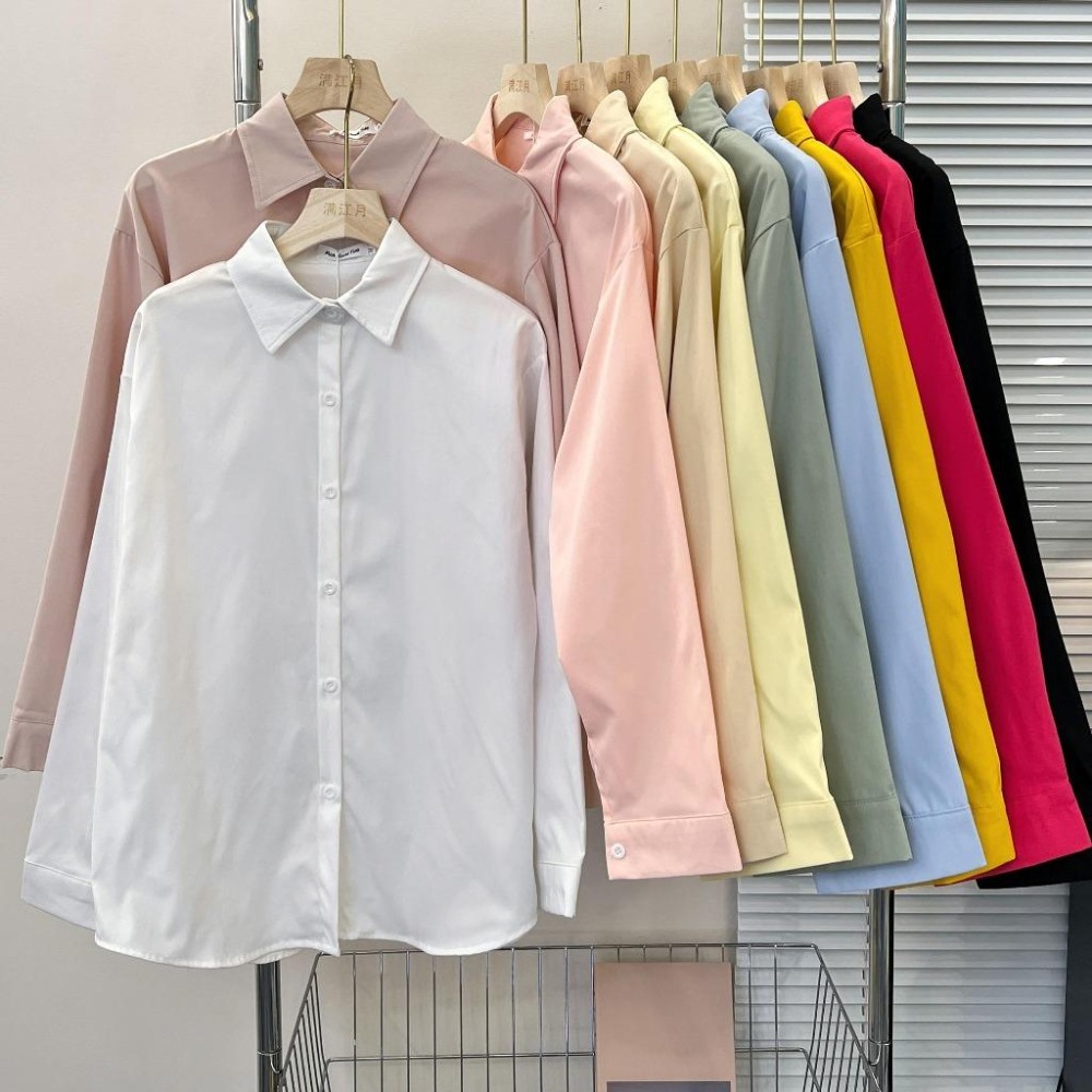 【RENA小舖 台灣現貨每天出】純色顯瘦長袖襯衫/淘寶爆款/春夏/寬鬆/外搭/POLO領/女襯衫【R21908】-細節圖2