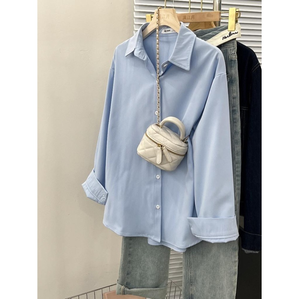 【RENA小舖 台灣現貨每天出】純色顯瘦長袖襯衫/淘寶爆款/春夏/寬鬆/外搭/POLO領/女襯衫【R21908】-細節圖3