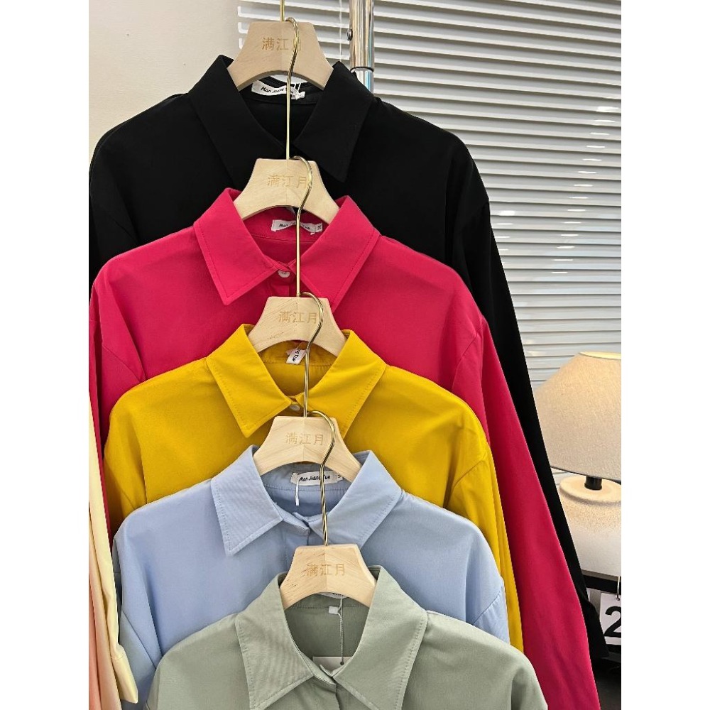 【RENA小舖 台灣現貨每天出】純色顯瘦長袖襯衫/淘寶爆款/春夏/寬鬆/外搭/POLO領/女襯衫【R21908】-細節圖6