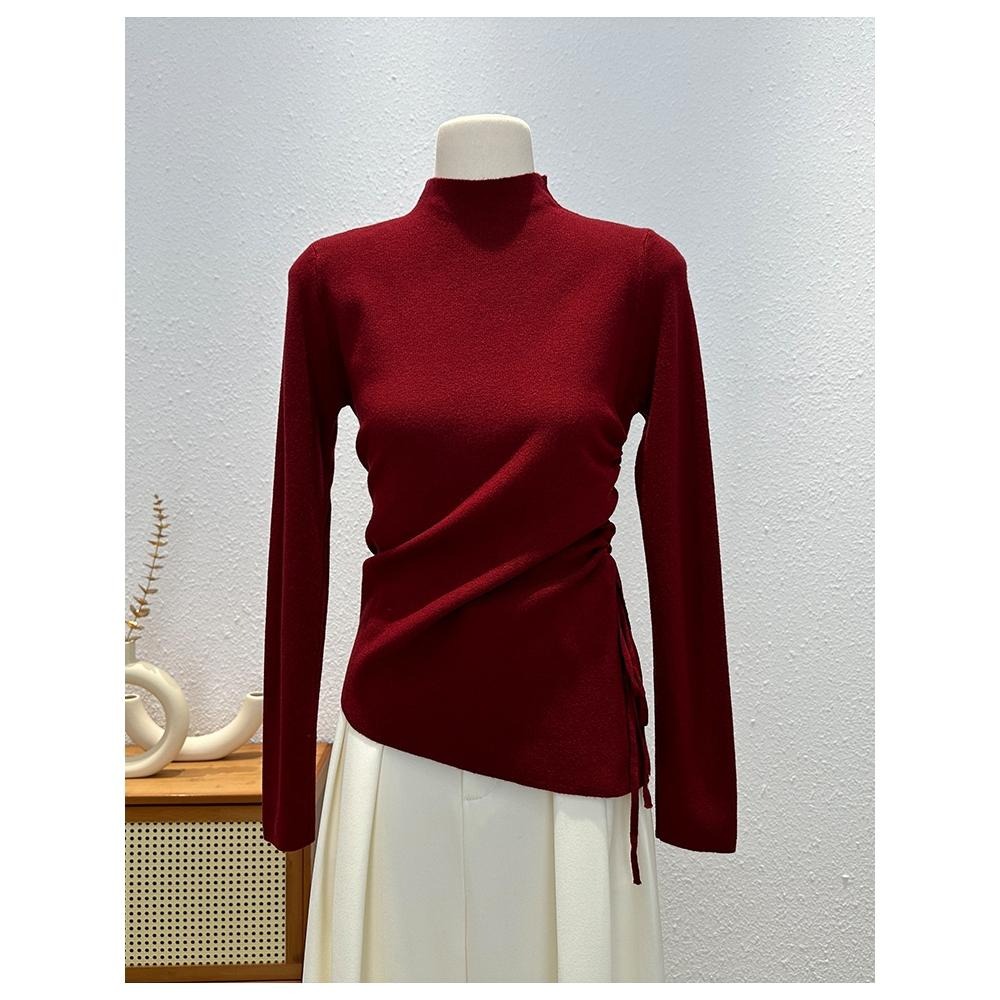 【RENA小舖 台灣現貨每天出】漂亮姊姊!設計感小高領薄長袖/不對稱上衣/顯瘦打底【R22036】-細節圖4