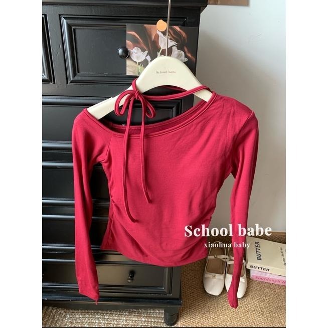 【RENA小舖 台灣現貨每天出】斜肩綁帶自帶胸墊側收腰顯瘦磨毛上衣/設計感上衣/顯瘦修身【R22042】-細節圖9