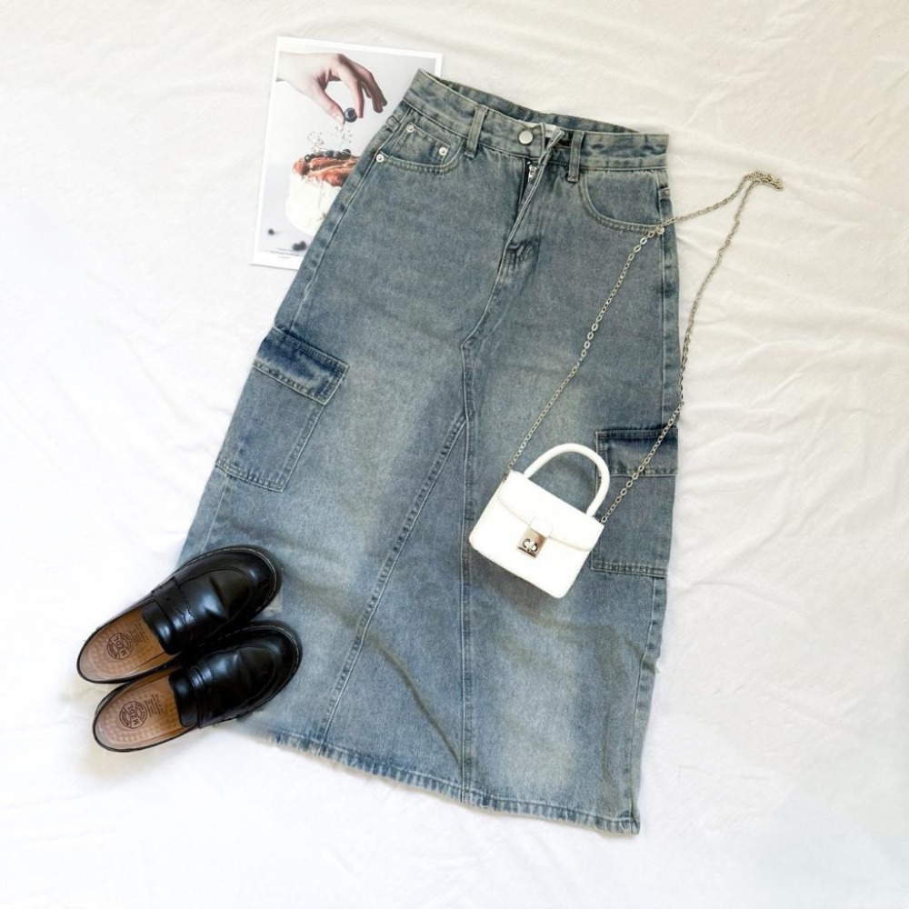 【RENA小舖 台灣現貨每天出】美式後開叉工裝牛仔裙/高腰半身裙/仿舊牛仔裙/休閒百搭【R22043】-細節圖2
