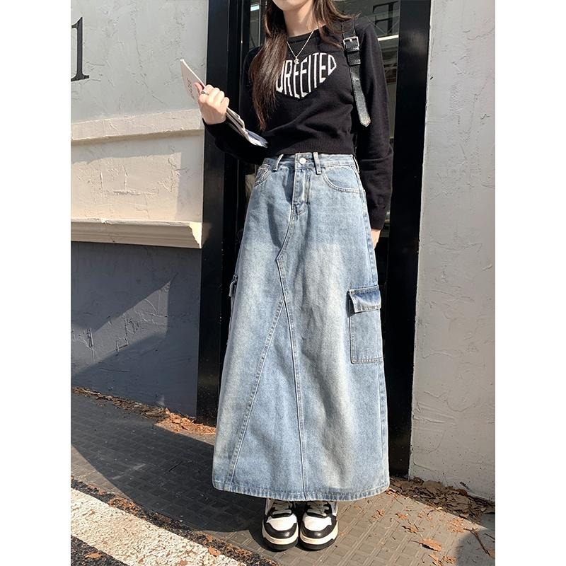 【RENA小舖 台灣現貨每天出】美式後開叉工裝牛仔裙/高腰半身裙/仿舊牛仔裙/休閒百搭【R22043】-細節圖3