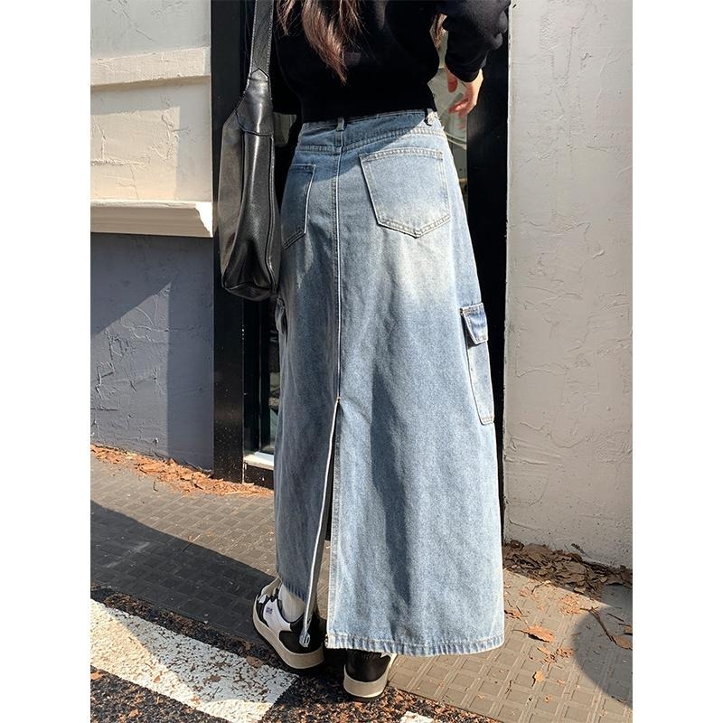 【RENA小舖 台灣現貨每天出】美式後開叉工裝牛仔裙/高腰半身裙/仿舊牛仔裙/休閒百搭【R22043】-細節圖4