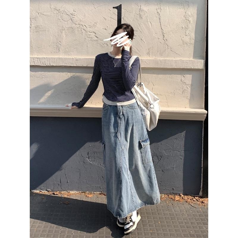 【RENA小舖 台灣現貨每天出】美式後開叉工裝牛仔裙/高腰半身裙/仿舊牛仔裙/休閒百搭【R22043】-細節圖5