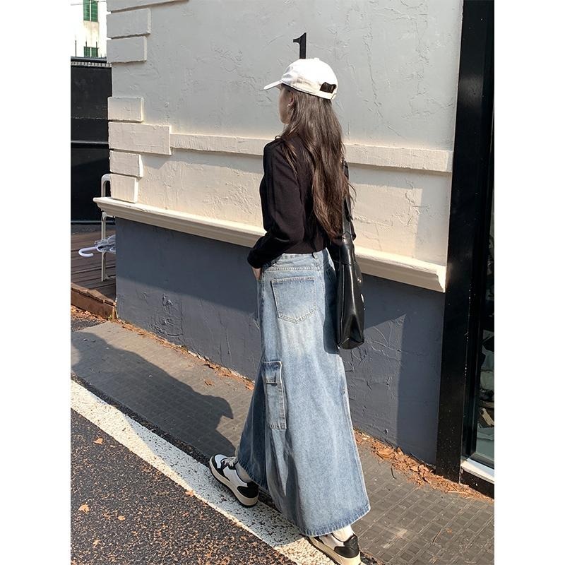 【RENA小舖 台灣現貨每天出】美式後開叉工裝牛仔裙/高腰半身裙/仿舊牛仔裙/休閒百搭【R22043】-細節圖6