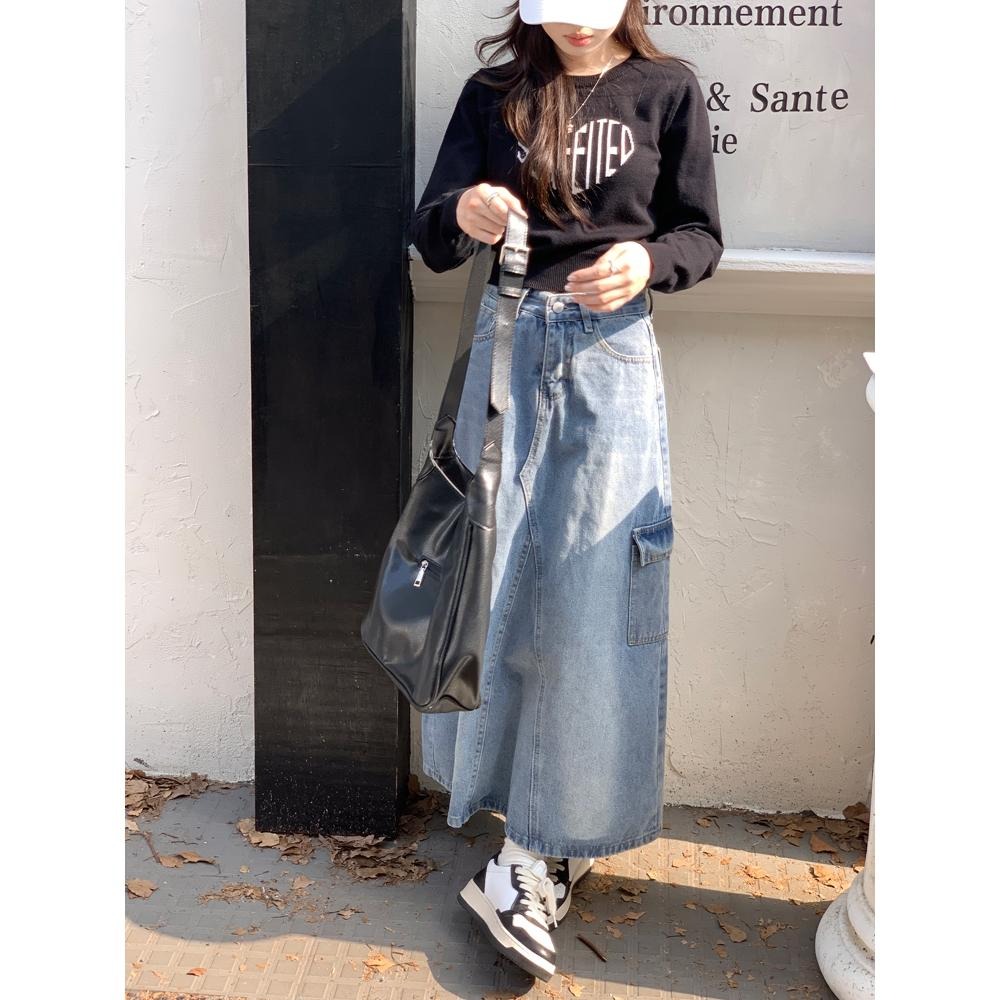 【RENA小舖 台灣現貨每天出】美式後開叉工裝牛仔裙/高腰半身裙/仿舊牛仔裙/休閒百搭【R22043】-細節圖7