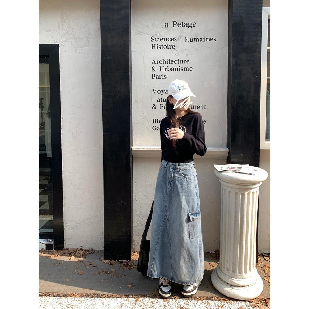 【RENA小舖 台灣現貨每天出】美式後開叉工裝牛仔裙/高腰半身裙/仿舊牛仔裙/休閒百搭【R22043】-細節圖9