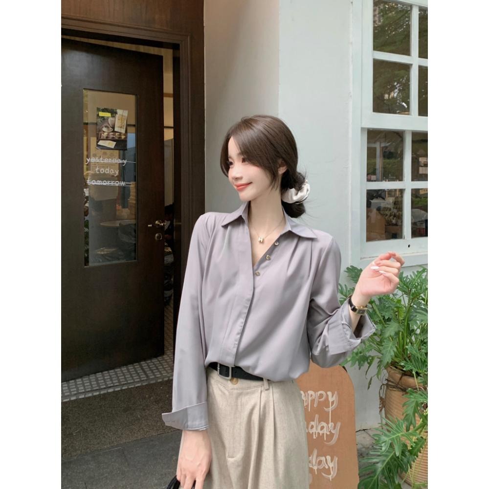 【RENA小舖 台灣現貨每天出】法式慵懶 氣質V領通勤休閒百搭襯衫【R22028】-細節圖2