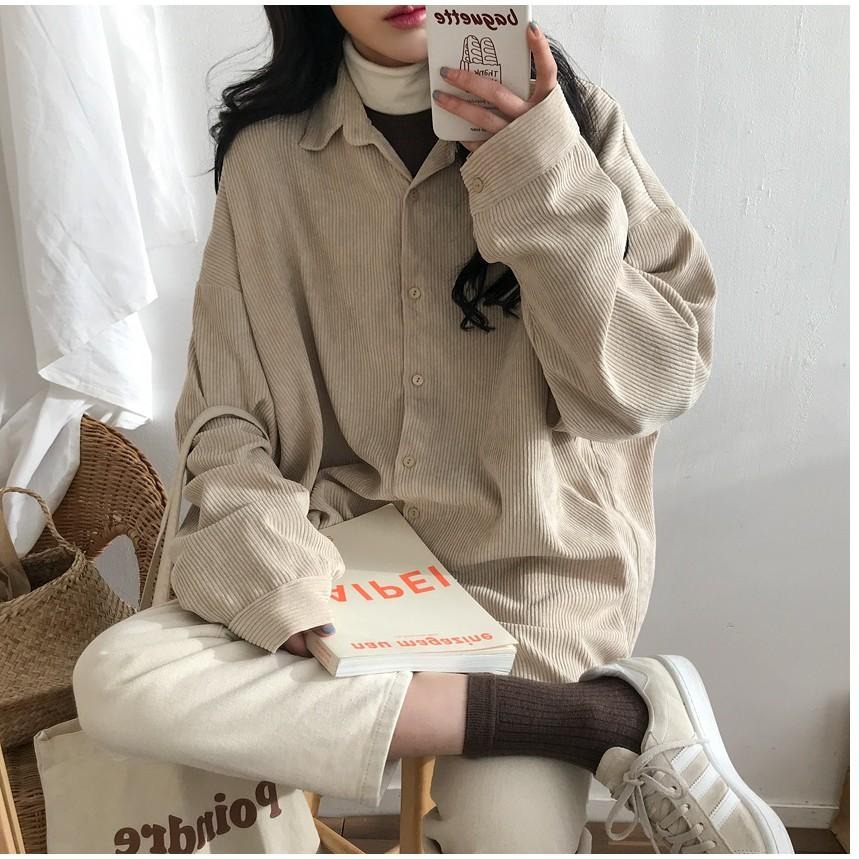 【RENA小舖 台灣現貨每天出】卡士達蛋糕🍰｜燈芯絨外套_現貨韓系/奶油色/襯衫/寬鬆襯衫/襯衣【Q1383】-細節圖7