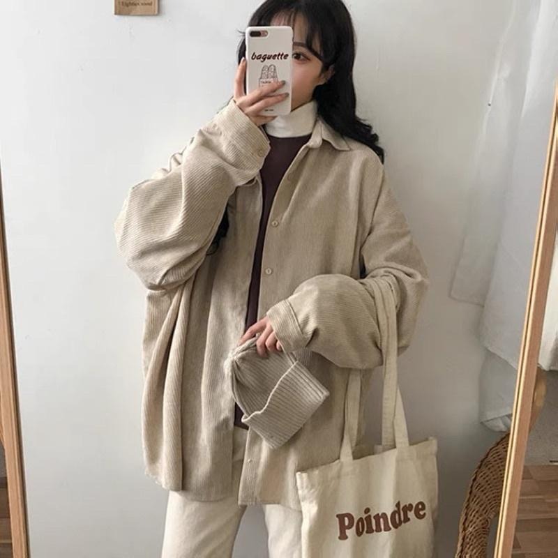 【RENA小舖 台灣現貨每天出】卡士達蛋糕🍰｜燈芯絨外套_現貨韓系/奶油色/襯衫/寬鬆襯衫/襯衣【Q1383】-細節圖9