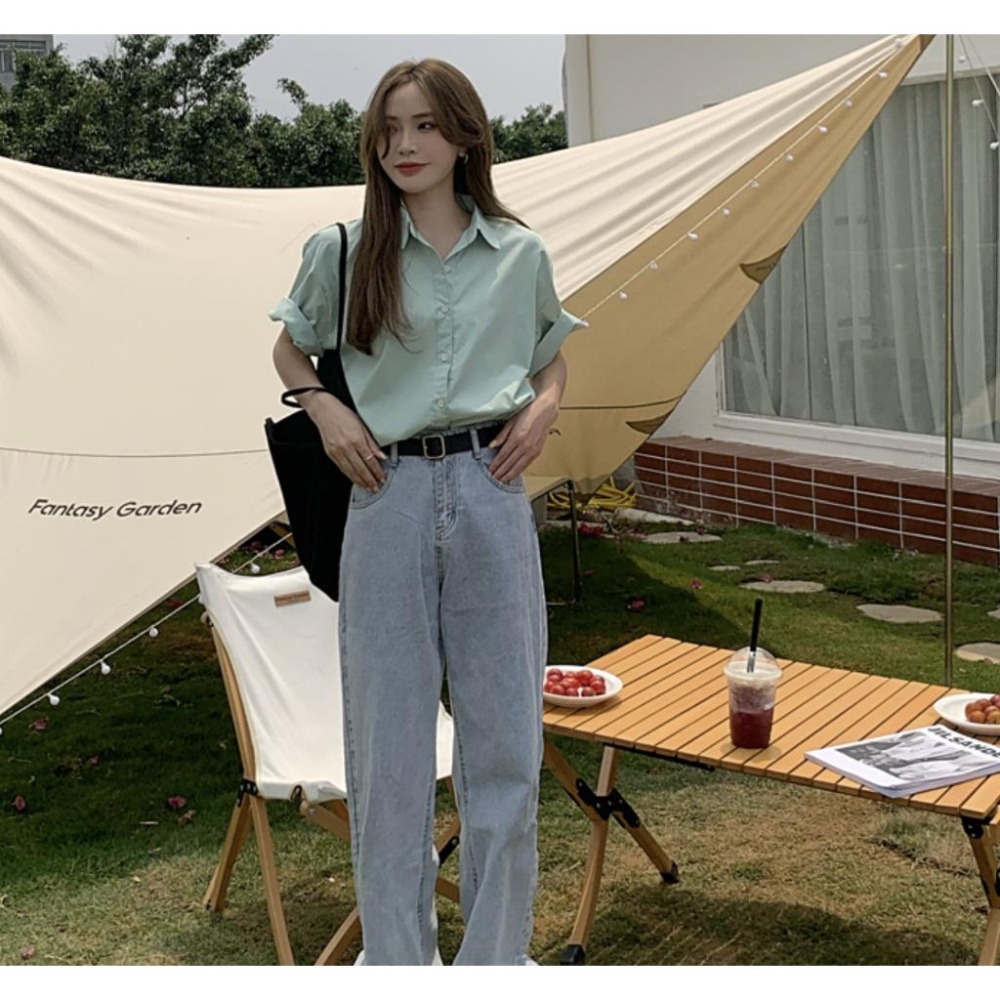 【RENA小舖 台灣現貨每天出】馬卡龍色短袖襯衫 短襯衫 短袖襯衫 素色襯衫 男友襯衫 雪紡襯衫 【R21483】-細節圖3