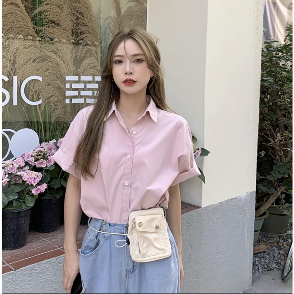 【RENA小舖 台灣現貨每天出】馬卡龍色短袖襯衫 短襯衫 短袖襯衫 素色襯衫 男友襯衫 雪紡襯衫 【R21483】-細節圖8