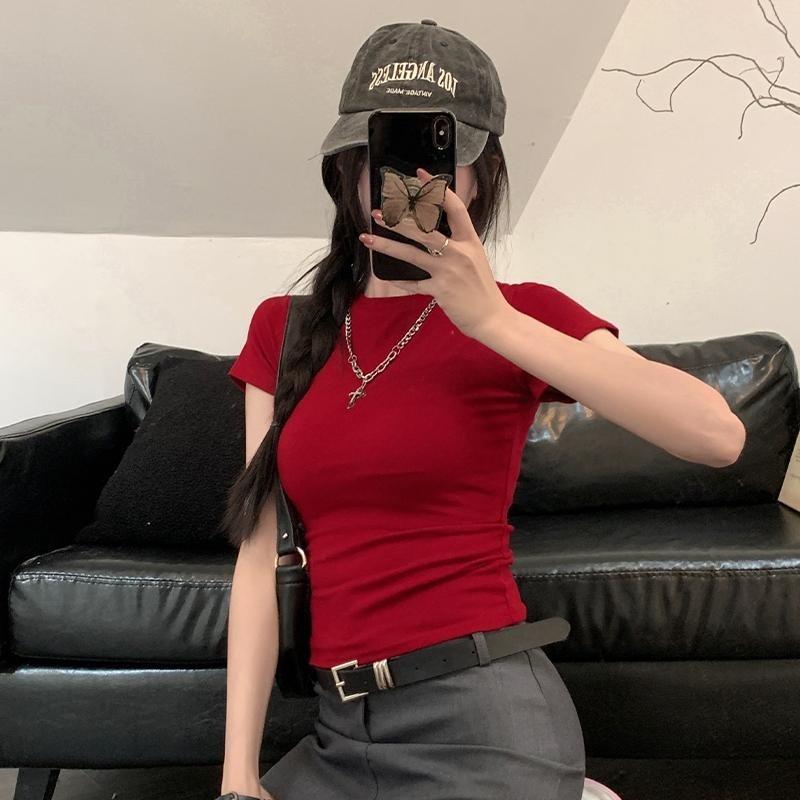 【RENA小舖 台灣現貨每天出】精梳棉上衣/短袖上衣/彈性貼身/包色必備/圓領素色短袖/多色短袖/學生【R21941】-細節圖2