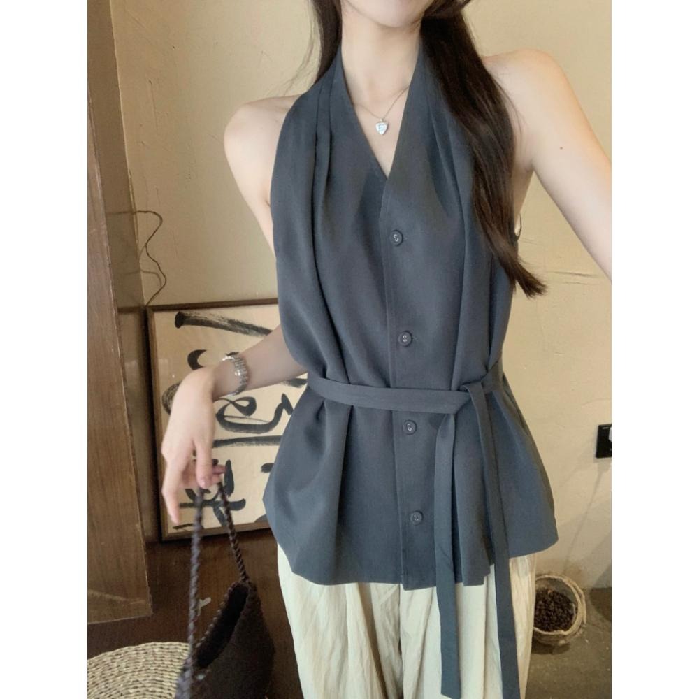 【RENA小舖 台灣現貨每天出】法式氣質掛脖無袖襯衫/設計款/氣質/百搭上衣/休閒/綁帶【R22017】-細節圖6