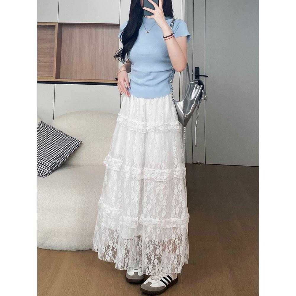 【RENA小舖 台灣現貨每天出】蕾絲蛋糕裙/蛋糕長裙/蕾絲中長裙/氣質A字裙/甜美半身裙【R21993】-細節圖2