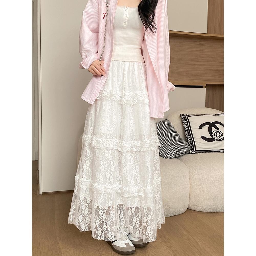 【RENA小舖 台灣現貨每天出】蕾絲蛋糕裙/蛋糕長裙/蕾絲中長裙/氣質A字裙/甜美半身裙【R21993】-細節圖3