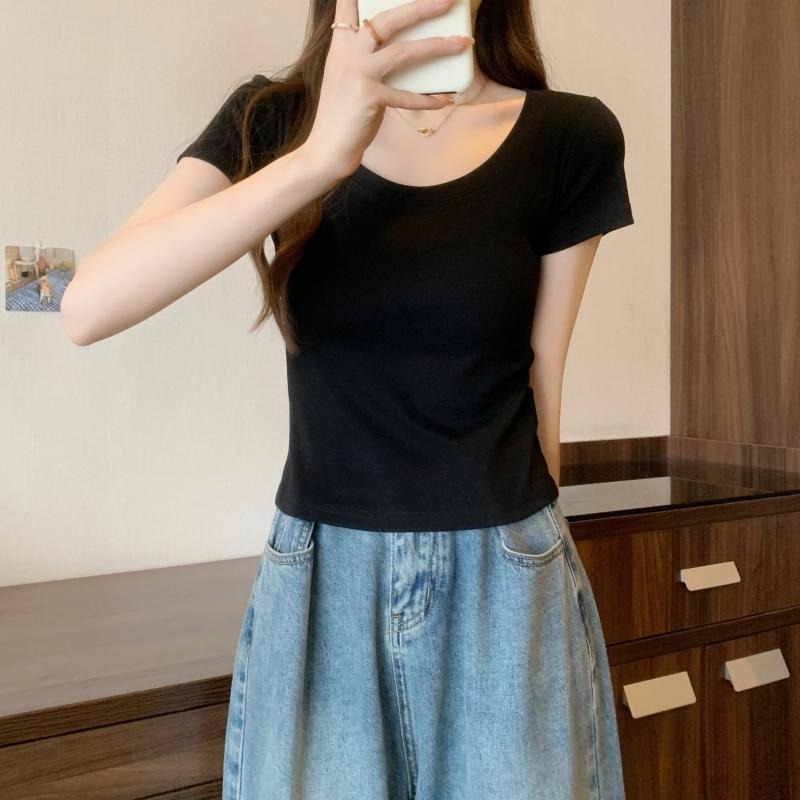 【RENA小舖 台灣現貨每天出】夏季純棉短袖/大圓領T恤/素色純棉/顯瘦上衣/U領短袖/素色T恤【R21920】-細節圖4