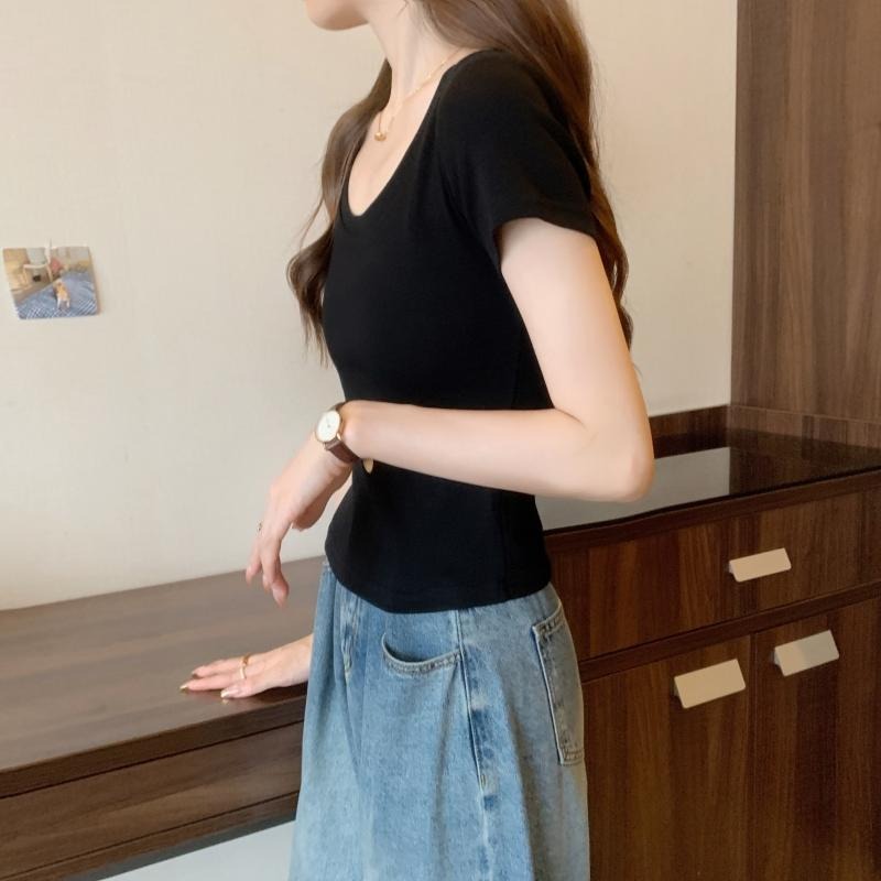 【RENA小舖 台灣現貨每天出】夏季純棉短袖/大圓領T恤/素色純棉/顯瘦上衣/U領短袖/素色T恤【R21920】-細節圖6