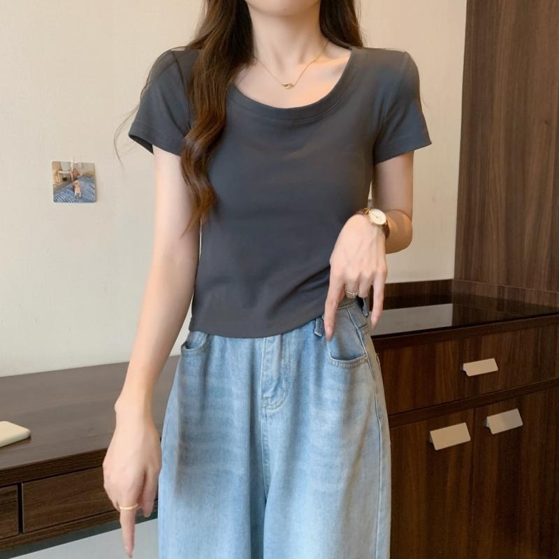 【RENA小舖 台灣現貨每天出】夏季純棉短袖/大圓領T恤/素色純棉/顯瘦上衣/U領短袖/素色T恤【R21920】-細節圖7