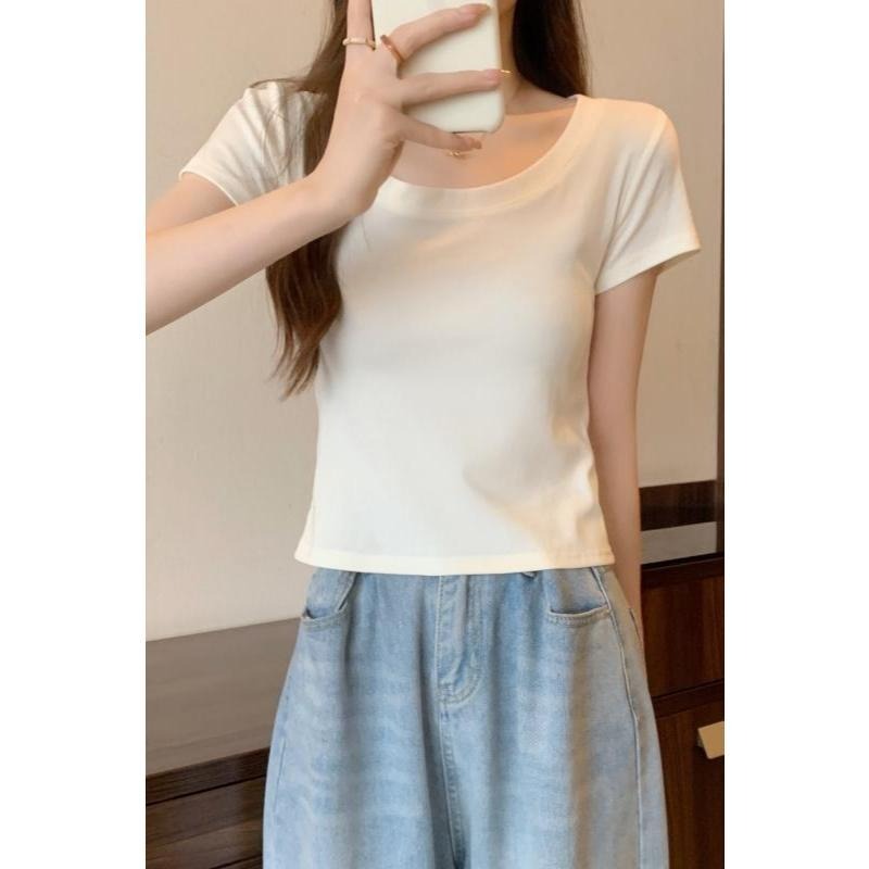 【RENA小舖 台灣現貨每天出】夏季純棉短袖/大圓領T恤/素色純棉/顯瘦上衣/U領短袖/素色T恤【R21920】-細節圖8