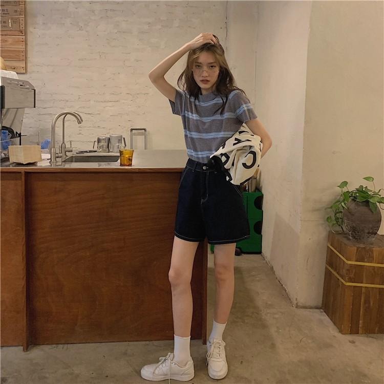 【RENA小舖 台灣現貨每天出】韓妹工裝💜｜明線設計牛仔短褲_顯瘦/高腰/百搭/短褲/牛仔褲【R18249】-細節圖8