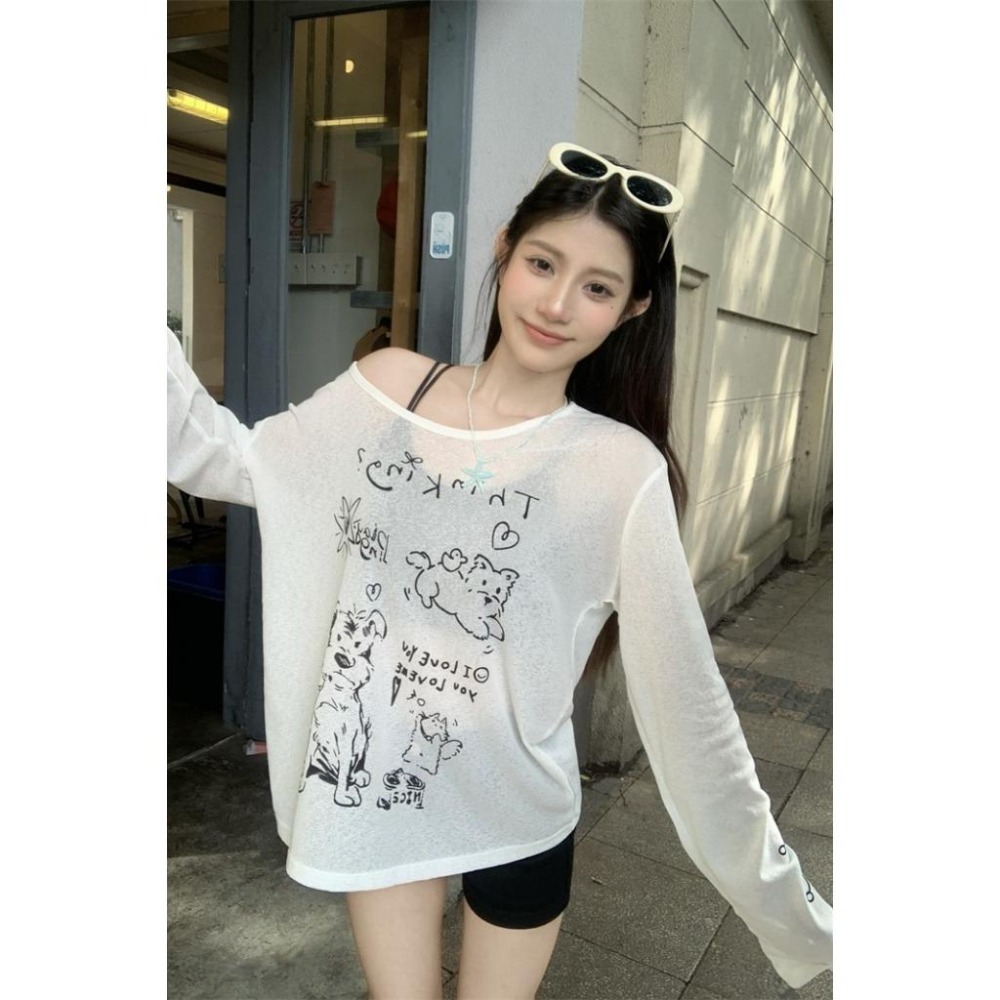 【RENA小舖 台灣現貨每天出】韓版罩衫/寬鬆慵懶罩衫/印花罩衫/斜肩/泳裝/海邊/渡假【R22009】-細節圖5