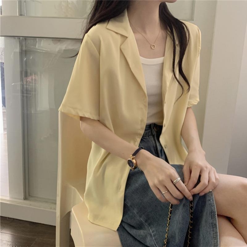 【RENA小舖 台灣現貨每天出】韓版短袖襯衫/氣質襯衫/純色短袖襯衫/翻領襯衫/夏季襯衫/正裝/氣質【R21995】-細節圖5