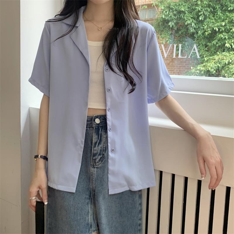 【RENA小舖 台灣現貨每天出】韓版短袖襯衫/氣質襯衫/純色短袖襯衫/翻領襯衫/夏季襯衫/正裝/氣質【R21995】-細節圖7