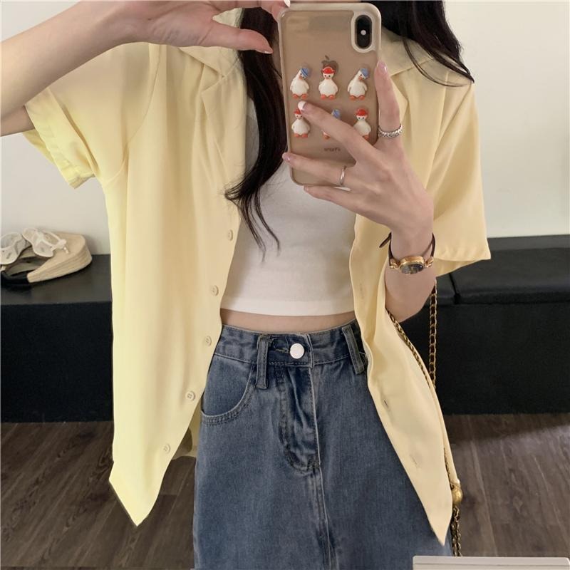 【RENA小舖 台灣現貨每天出】韓版短袖襯衫/氣質襯衫/純色短袖襯衫/翻領襯衫/夏季襯衫/正裝/氣質【R21995】-細節圖8