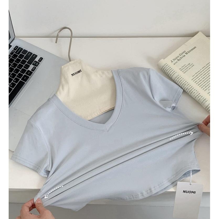 【RENA小舖 台灣現貨每天出】側邊抓皺V領上衣/短袖上衣/修身顯瘦/純棉短袖/透氣/彈力/舒適【R21999】-細節圖3