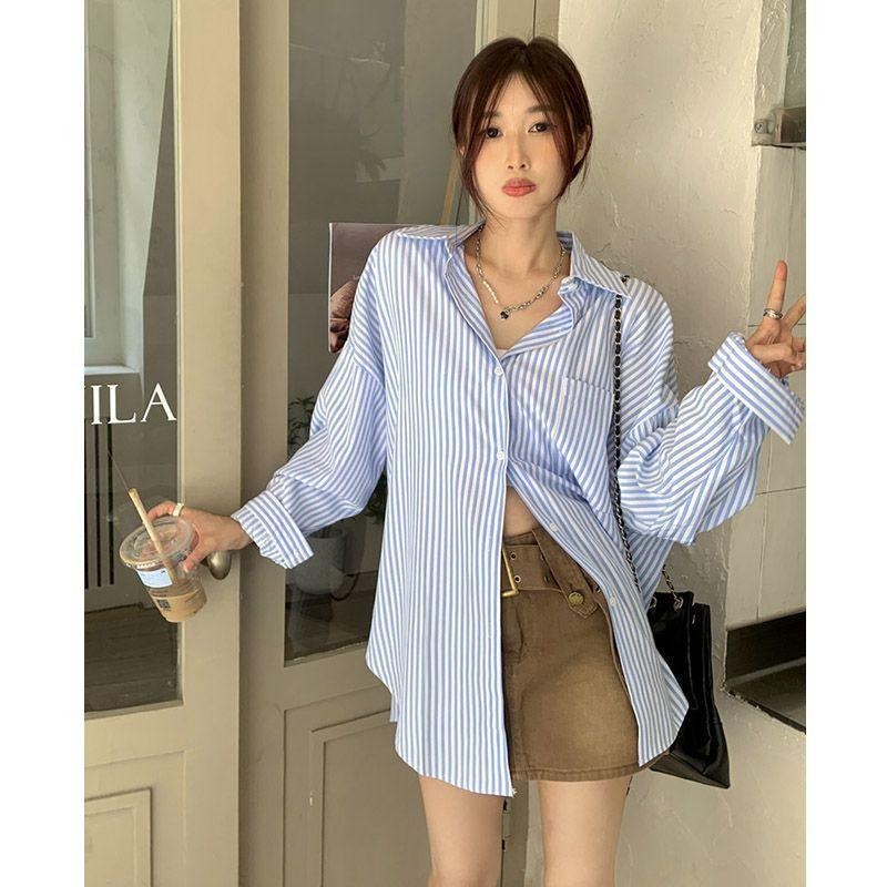 【RENA小舖 台灣現貨每天出】條紋寬鬆長袖/百搭襯衫/韓系/寬鬆/春夏款/質感/襯衫/修身/條紋【R21975】-細節圖3