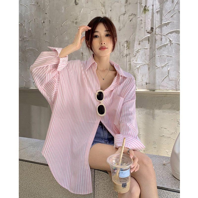 【RENA小舖 台灣現貨每天出】條紋寬鬆長袖/百搭襯衫/韓系/寬鬆/春夏款/質感/襯衫/修身/條紋【R21975】-細節圖5