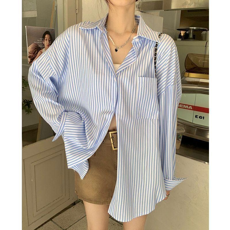 【RENA小舖 台灣現貨每天出】條紋寬鬆長袖/百搭襯衫/韓系/寬鬆/春夏款/質感/襯衫/修身/條紋【R21975】-細節圖6