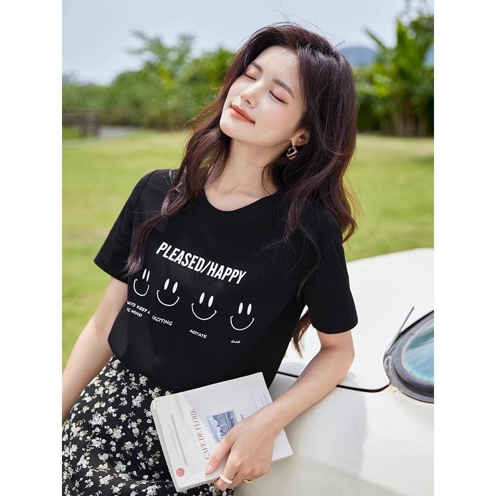 【RENA小舖 台灣現貨每天出】簡約純棉短袖/短袖上衣/純棉上衣/黑色短袖/笑臉印花/學生短袖【R21974】-細節圖3