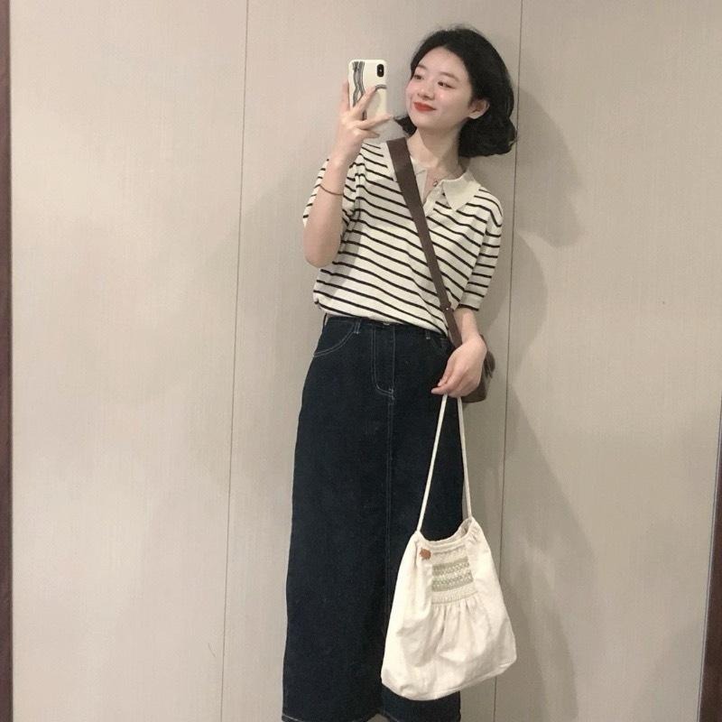 【RENA小舖 台灣現貨每天出】條紋POLO衫 翻領 Polo領修身 女裝 顯瘦 百搭 短袖上衣 小眾【R21739】-細節圖2