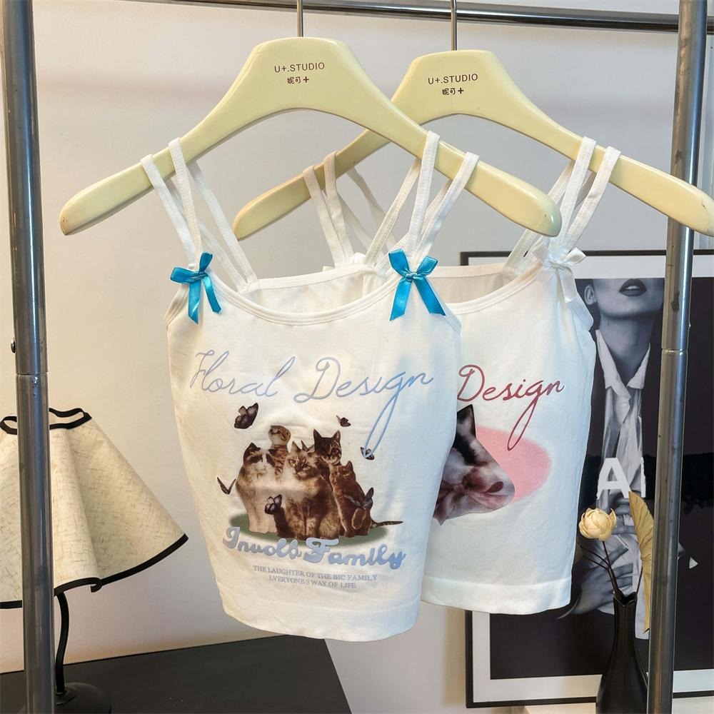 【RENA小舖 台灣現貨每天出】吊帶背心/自帶胸墊/貓貓狗狗/可愛印花背心/甜心辣妹/ins/【R21947】-細節圖5