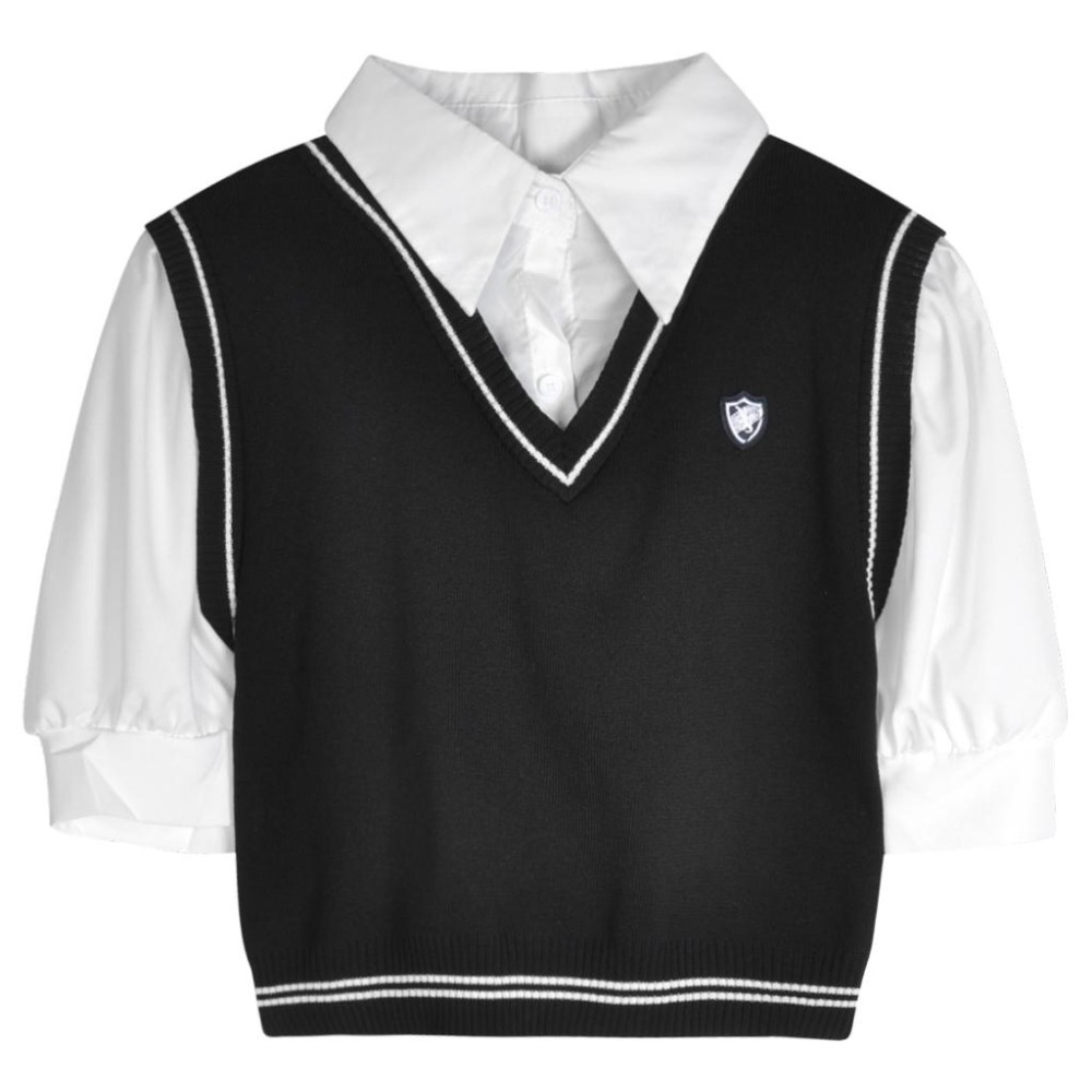 【RENA小舖 台灣現貨每天出】學院拚色V領襯衫/學院風短袖/假兩件短袖/馬甲學園/針織馬甲/短袖襯衫【R21961】-細節圖5