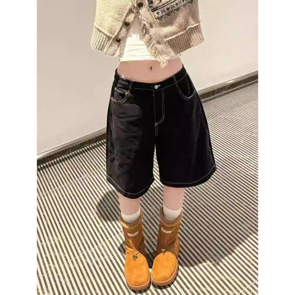 【RENA小舖 台灣現貨每天出】黑色牛仔五分褲/牛仔五分褲/休閒五分褲/高腰牛仔褲/寬鬆五分褲【R21981】-細節圖2