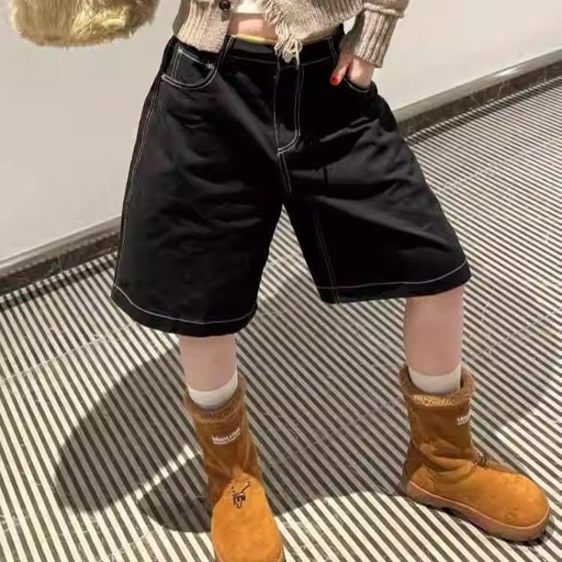 【RENA小舖 台灣現貨每天出】黑色牛仔五分褲/牛仔五分褲/休閒五分褲/高腰牛仔褲/寬鬆五分褲【R21981】-細節圖3