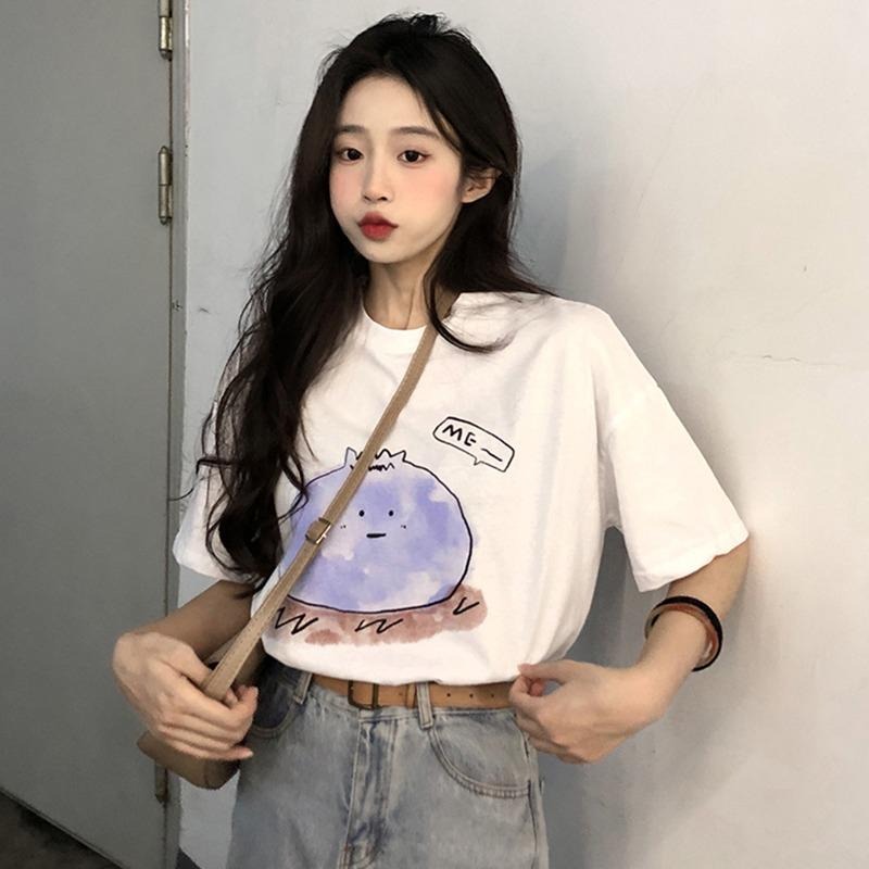 【RENA小舖 台灣現貨每天出】簡約印花短袖/可愛塗鴉短袖/韓版寬鬆短袖/學生/休閒/【Q1420】-細節圖3