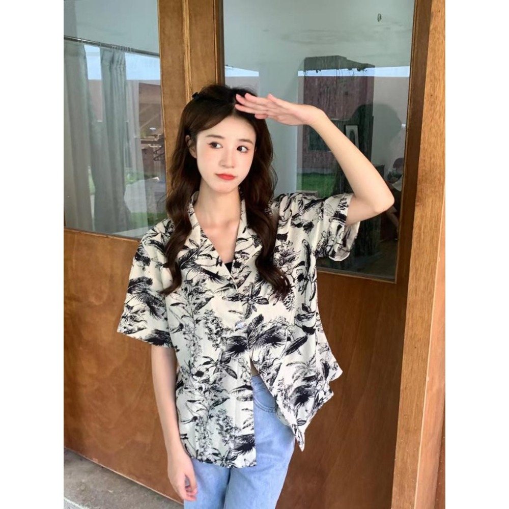 【RENA小舖 台灣現貨每天出】復古水墨短袖/潑墨短袖/港風襯衫/水墨印花/寬鬆顯瘦襯衫/夏天/海邊【R21957】-細節圖3