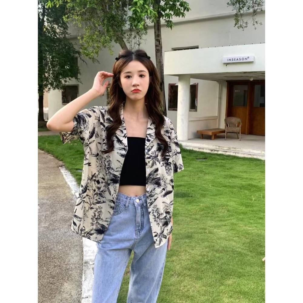 【RENA小舖 台灣現貨每天出】復古水墨短袖/潑墨短袖/港風襯衫/水墨印花/寬鬆顯瘦襯衫/夏天/海邊【R21957】-細節圖4