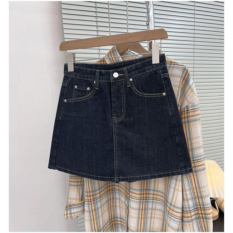 【RENA小舖 台灣現貨每天出】高腰牛仔半身褲裙/顯瘦/女裝/百搭/休閒/短裙/牛仔裙/A字裙/辣妹【R21816】-細節圖2