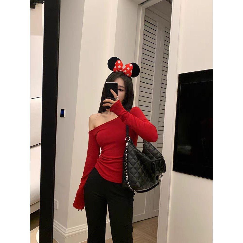 【RENA小舖 台灣現貨每天出】斜肩長袖T恤/性感/露肩/寬鬆/慵懶/休閒/素T/顯瘦/長袖T恤【R21848】-細節圖7