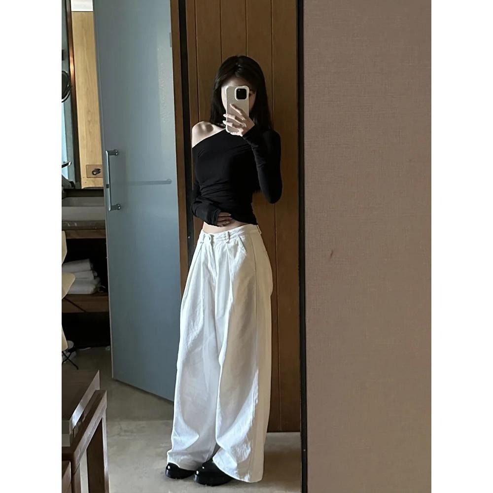 【RENA小舖 台灣現貨每天出】斜肩長袖T恤/性感/露肩/寬鬆/慵懶/休閒/素T/顯瘦/長袖T恤【R21848】-細節圖8