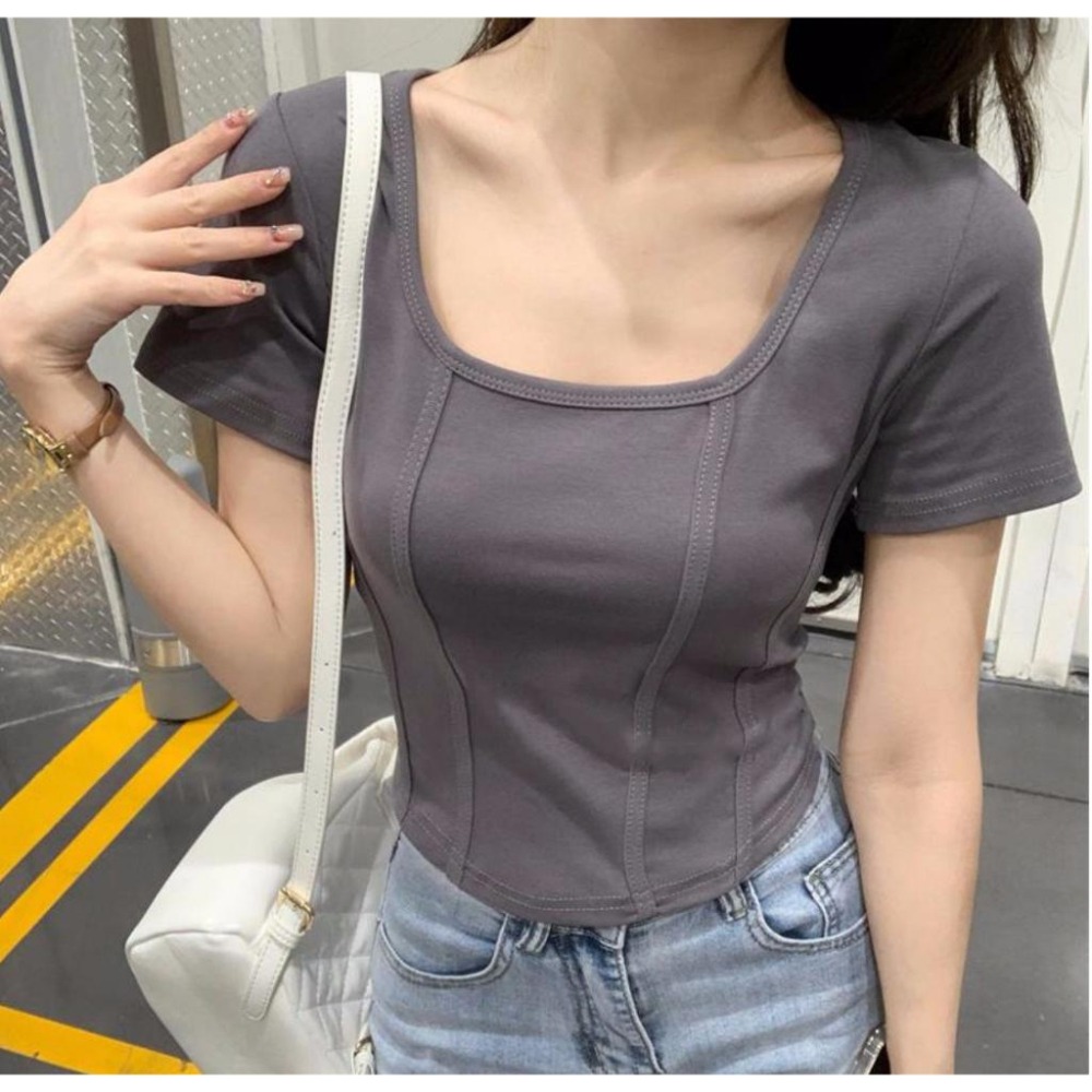 【RENA小舖 台灣現貨每天出】韓版方領短袖/短袖上衣/修身顯瘦T恤/素色方領上衣/短版貼身上衣【Q1412】-細節圖3