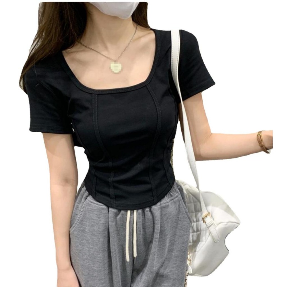 【RENA小舖 台灣現貨每天出】韓版方領短袖/短袖上衣/修身顯瘦T恤/素色方領上衣/短版貼身上衣【Q1412】-細節圖4